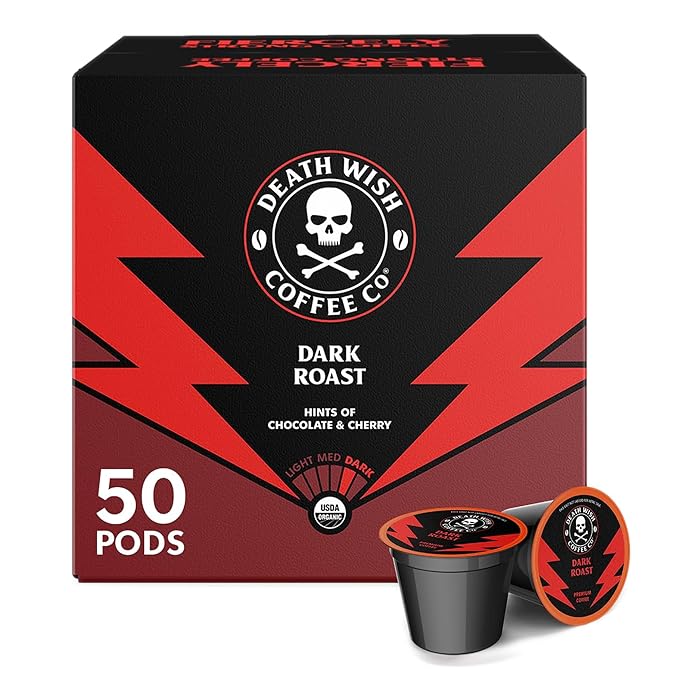 Death Wish Coffee Valhalla Java Single Serve Pods - Extra Kick of Caffeine - Medium Roast Coffee Pods - Made with USDA Certified Organic Fair Trade Arabica and Robusta Beans 10 Count (pack of 1)