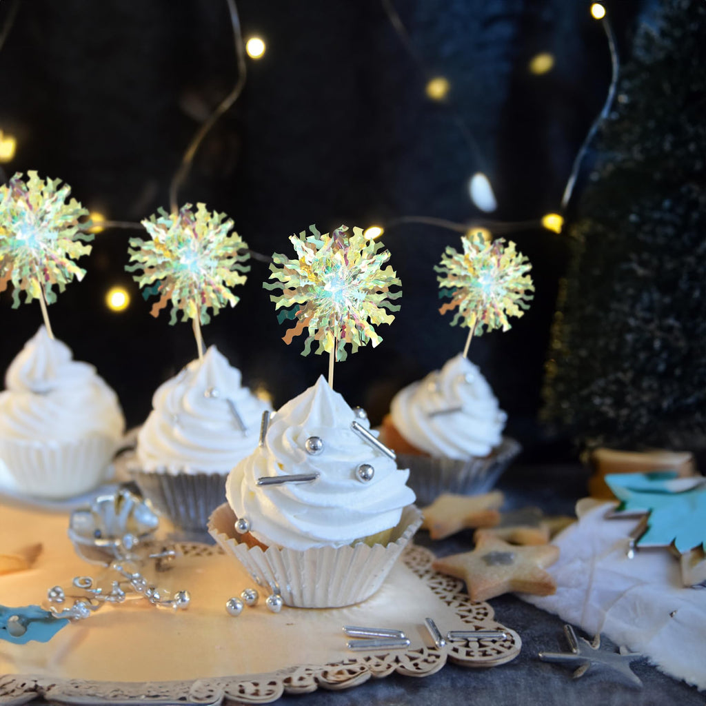 Ephlyn 30Pcs Foil Firework Cupcake Toppers Sparkle Tinsel Cupcake Picks Firework Cake Decorations Cocktail Food Fruit Toothpicks for Baby Shower Graduation Party Supplies White