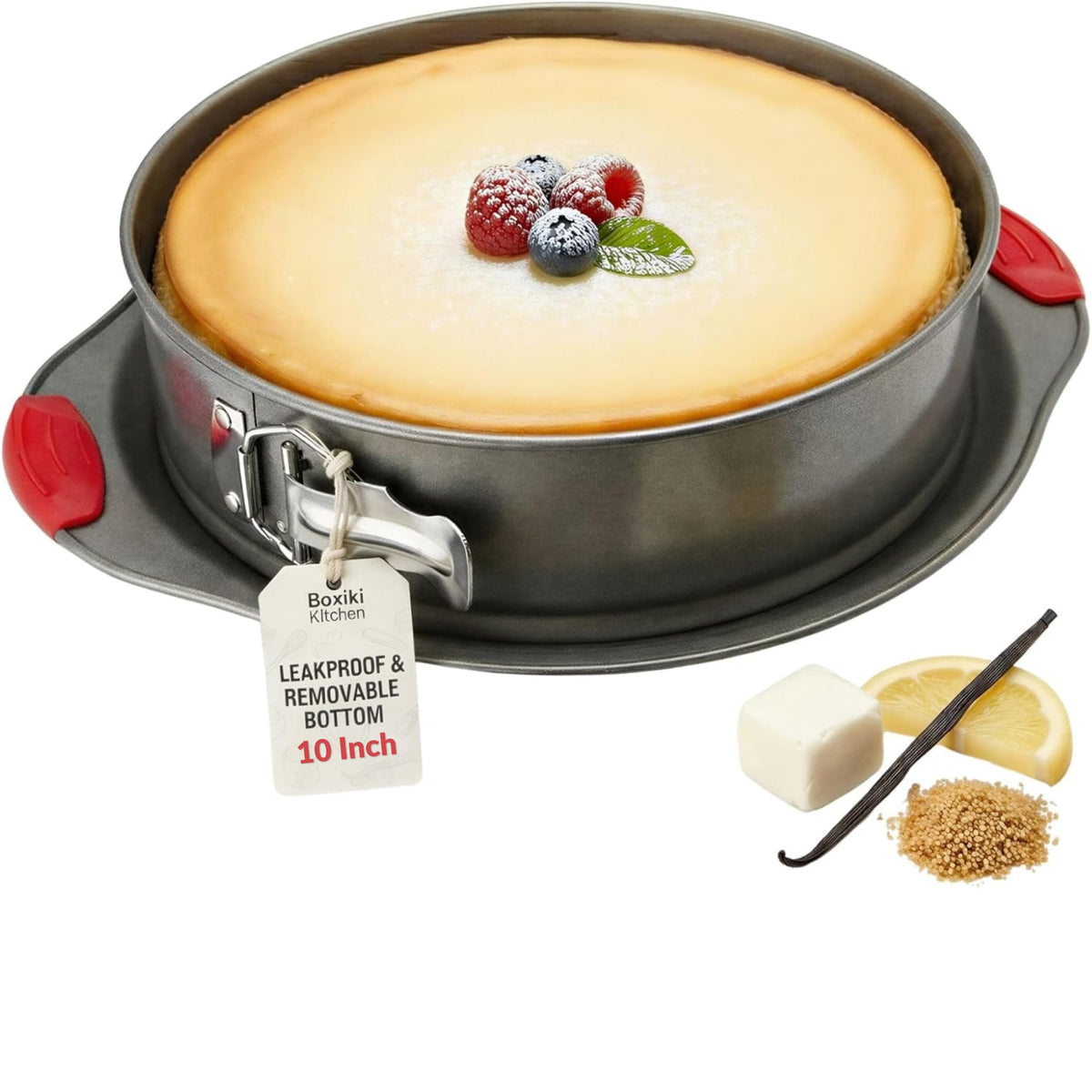 Boxiki Kitchen 10 Inch Nonstick Springform Pan, Professional Spring Form and Cheesecake Baking Mold, Leakproof Cake Pan with Silicone Handles
