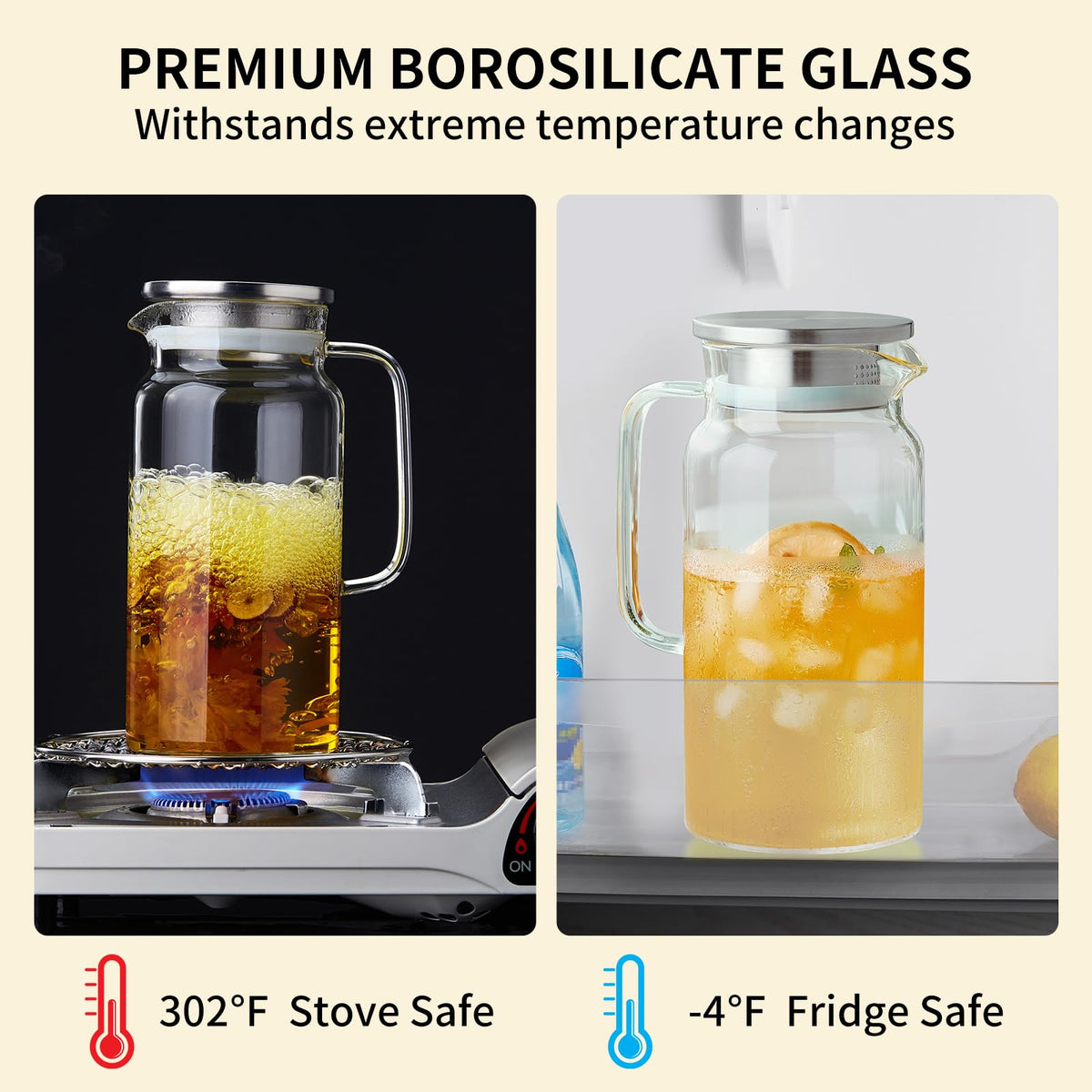 42OZ Glass Pitcher with Lid and Spout, Water Jug, 1250ml Carafe for Hot/Cold Water, Juice and Homemade Beverage, Large Iced Tea Pitcher for Coffee