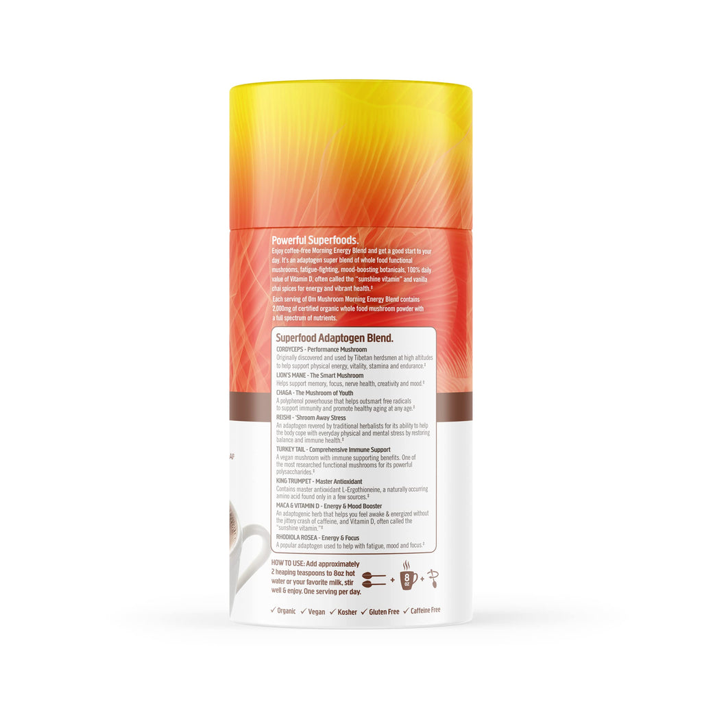 OM MUSHROOM SUPERFOOD Morning Energy Blend – Caffeine-Free Powder with Cordyceps, Lion’s Mane, Rhodiola & Vitamin D2 – Supports Energy, Focus & Endurance – 8.47 oz Canister (30 Servings)