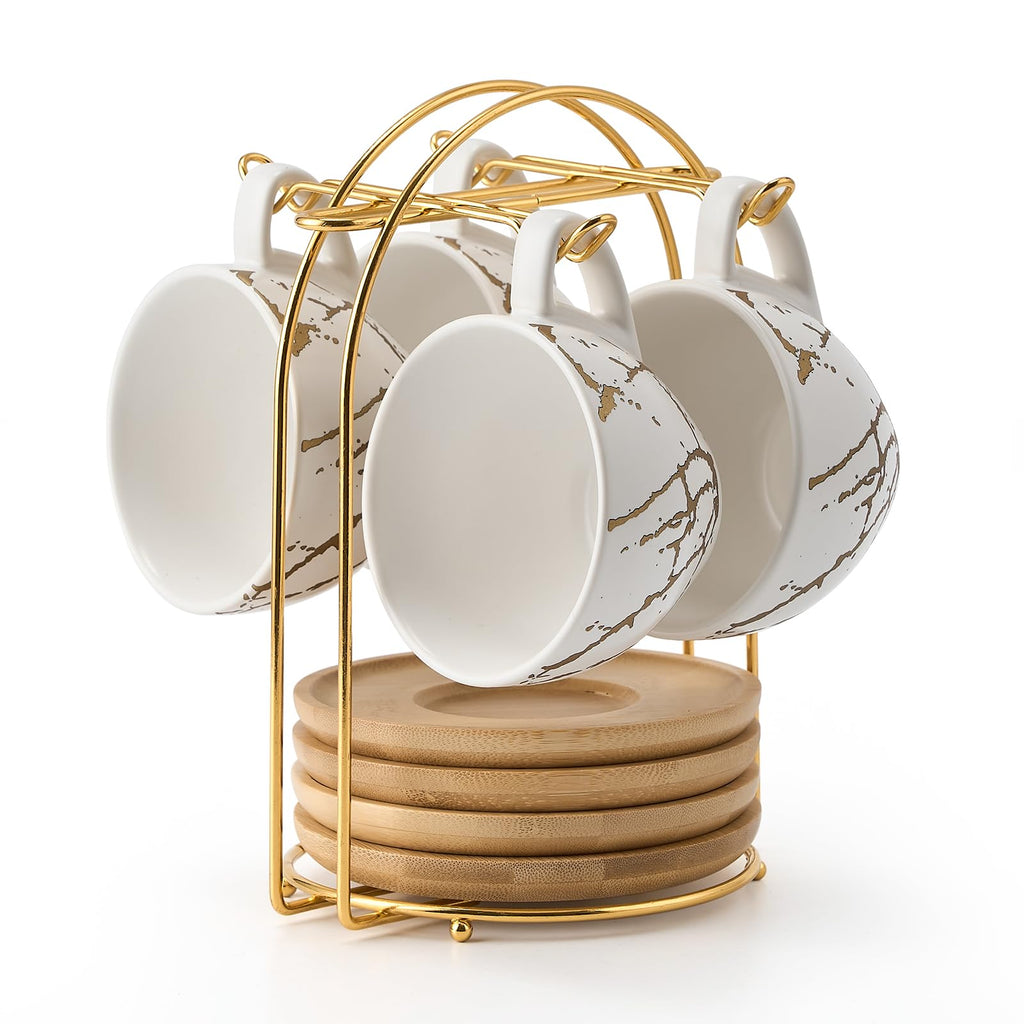 LUKA Ceramic Demitasse Espresso Cups Set with Saucers and Metal Stand, 8 oz Porcelain Stackable Cappuccino Cups Teacup For Tea, Espresso, Latte, Coffee, Cafe Mocha, Set of 4, White