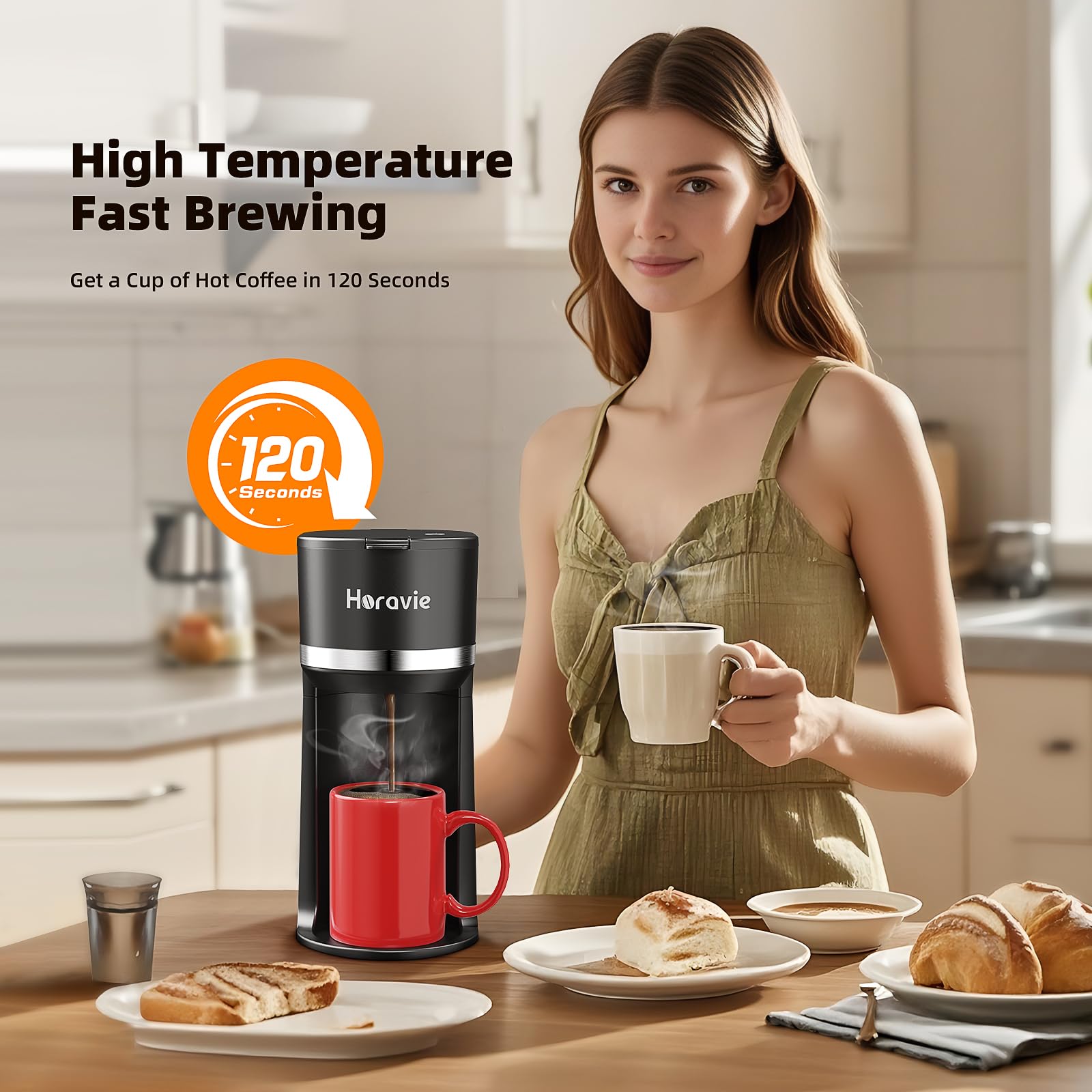 Horavie Small Single Serve Coffee Maker for K Cup and Grounds, Fast Brew One Cup Coffee Machine with One Button, 6 to 12 oz. Brew Sizes, Perfect for Home and Travel, Black