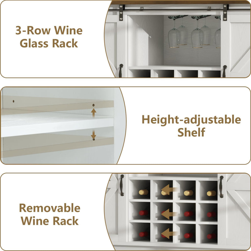 55 Inch Farmhouse Coffee Bar Cabinet with 3-Tier Enclosed Storage Cabinet, Kitchen Hutch with 12 Wine Racks & 3 Glass Holders, Coffee Bar with 6 Hooks, Wood Furniture for Dining Living Room, White
