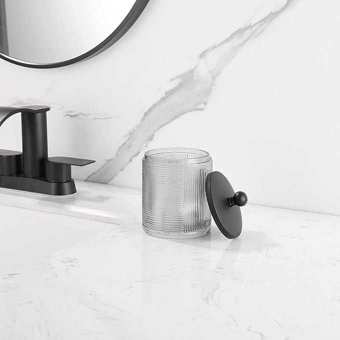 Glass Jar with Metal Lid for Bathroom Organization, Clear Apothecary Jar for Cotton Balls, Q Tips, and Small Accessories, Stylish Bathroom Storage Container Grey, Black