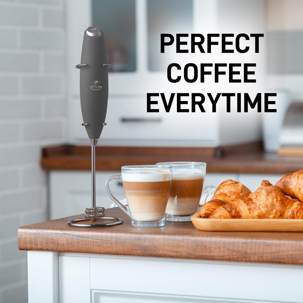 Zulay Kitchen Powerful Milk Frother Wand With Duracell Batteries - Ultra Fast Handheld Drink Mixer - Electric Whisk Foam Maker for Coffee, Lattes, Cappuccino & Matcha - Double Whisk - Charcoal