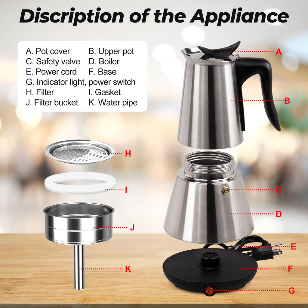 Vaolvpant Electric Stainless Steel Moka Pot 6 Cup 300ml Mocha Pot
