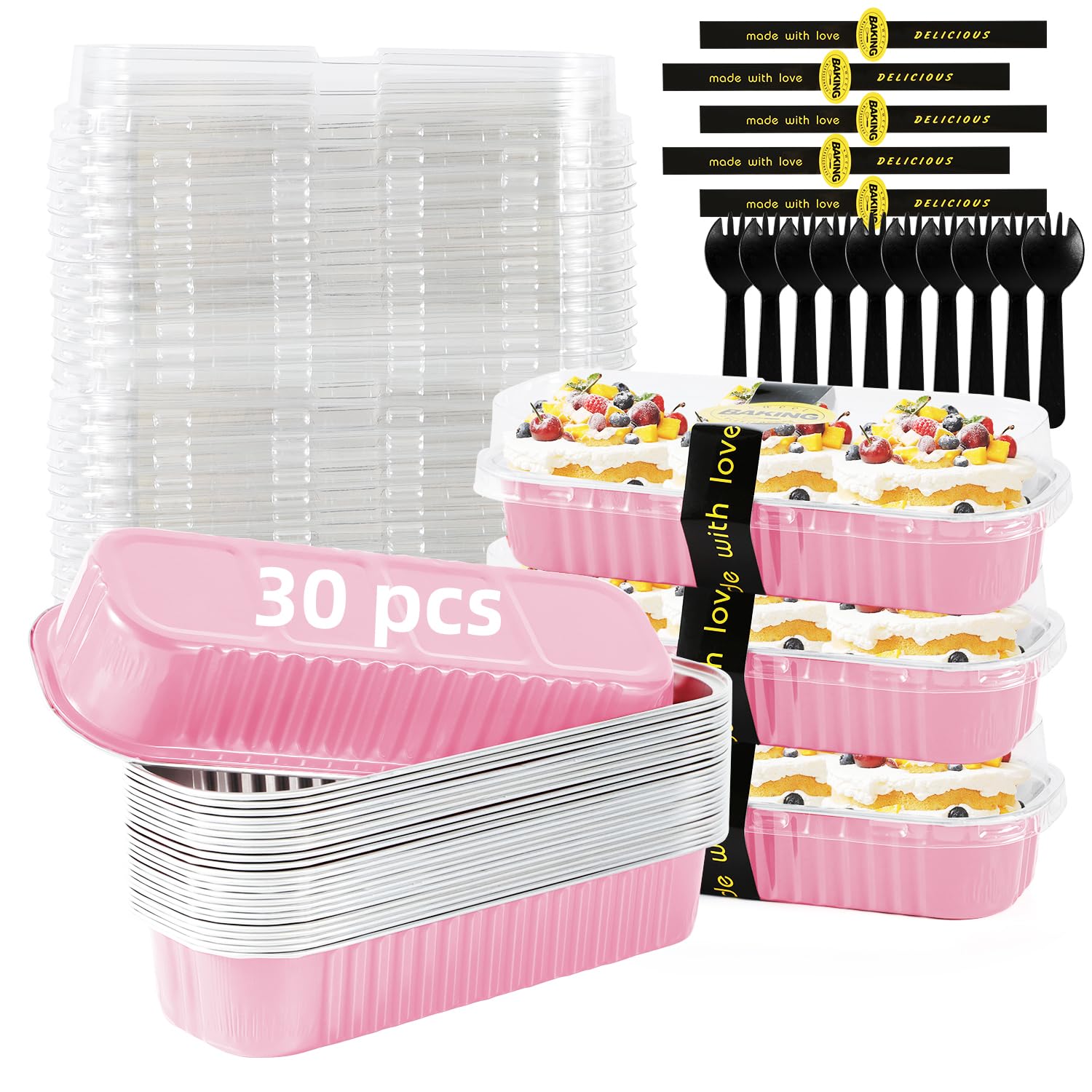 Orlashop Mini Loaf Pans with Lids and Spoons Sealing Sticker,6.8oz Cake Pans for Baking Disposable Aluminum Foil Pink/Red cake pan (30, Pink)
