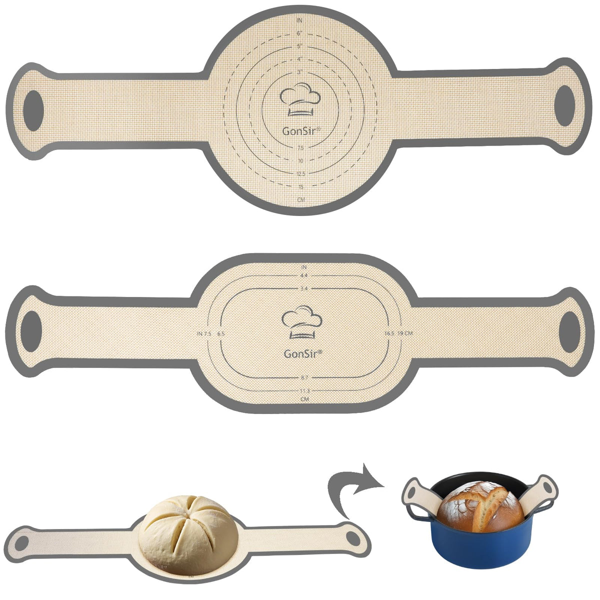 Silicone Bread Sling, Round and Oval Dutch Oven Baking Mat with Upgraded Handles, Non-Stick & Easy Clean Baking Mat to Transfer Sour Dough Easily, 2 Pcs Reusable Bread Mat Set