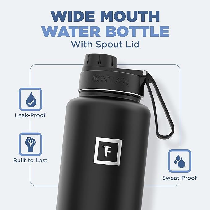 IRON °FLASK Camping & Hiking Hydration Flask with 3 Lids - Stainless Steel, Double Walled & Vacuum Insulated Water Bottle - Leak Proof & BPA Free (Sky, Spout - 40 oz)