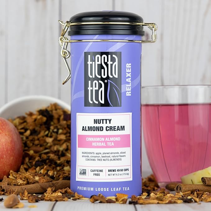 Tiesta Tea - Nutty Almond Cream, Premium Loose Leaf, Cinnamon Almond Herbal Tea Blend, Non-Caffeinated, Make Hot or Iced & Brews Up to 250 Cups, 16oz Bulk Pouch & 6.2oz Refillable Tin Combo