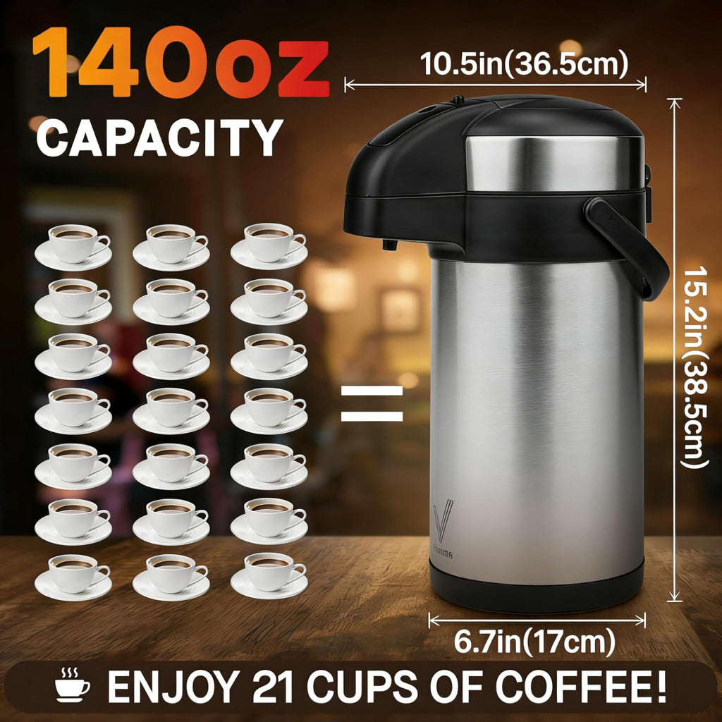 Airpot Coffee Dispenser with Pump - 140 oz Insulated Stainless Steel Coffee Carafe - Thermal Beverage Dispenser - Coffee Urn for Hot/Cold Water, Party Chocolate Drinks