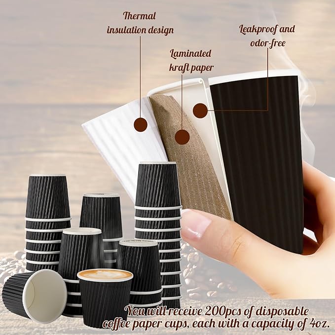 200 Pcs 4oz Paper Espresso Cups Ripple Wall Hot Cups For Coffee Disposable Coffee Cup Paper Hot/Cold Drinking Cups for Party, Picnic, Travel and Events (Black)