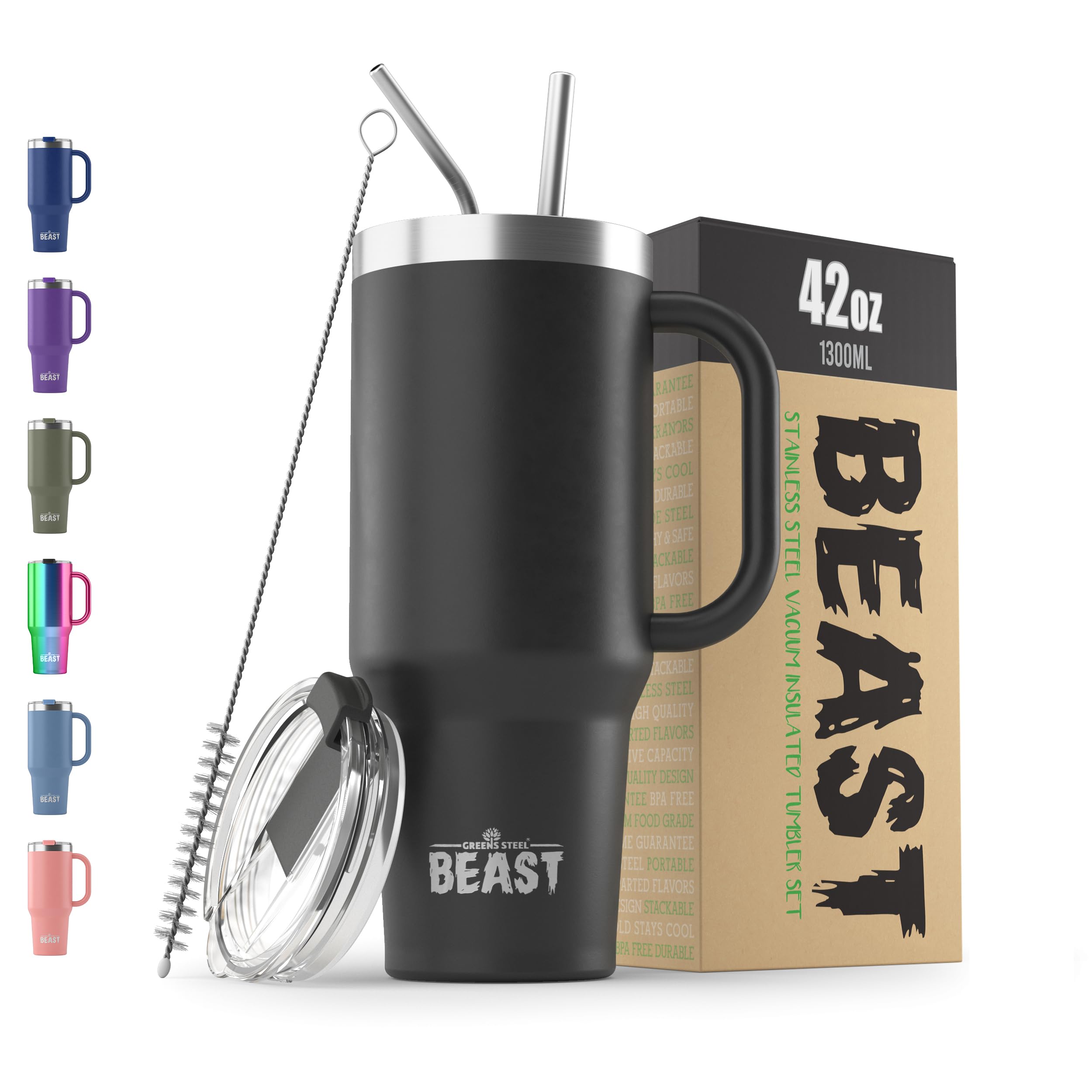 Beast 42 oz Tumbler with Handle Stainless Steel Vacuum Insulated Coffee Ice Cup Double Wall Travel Flask (Matte Black)