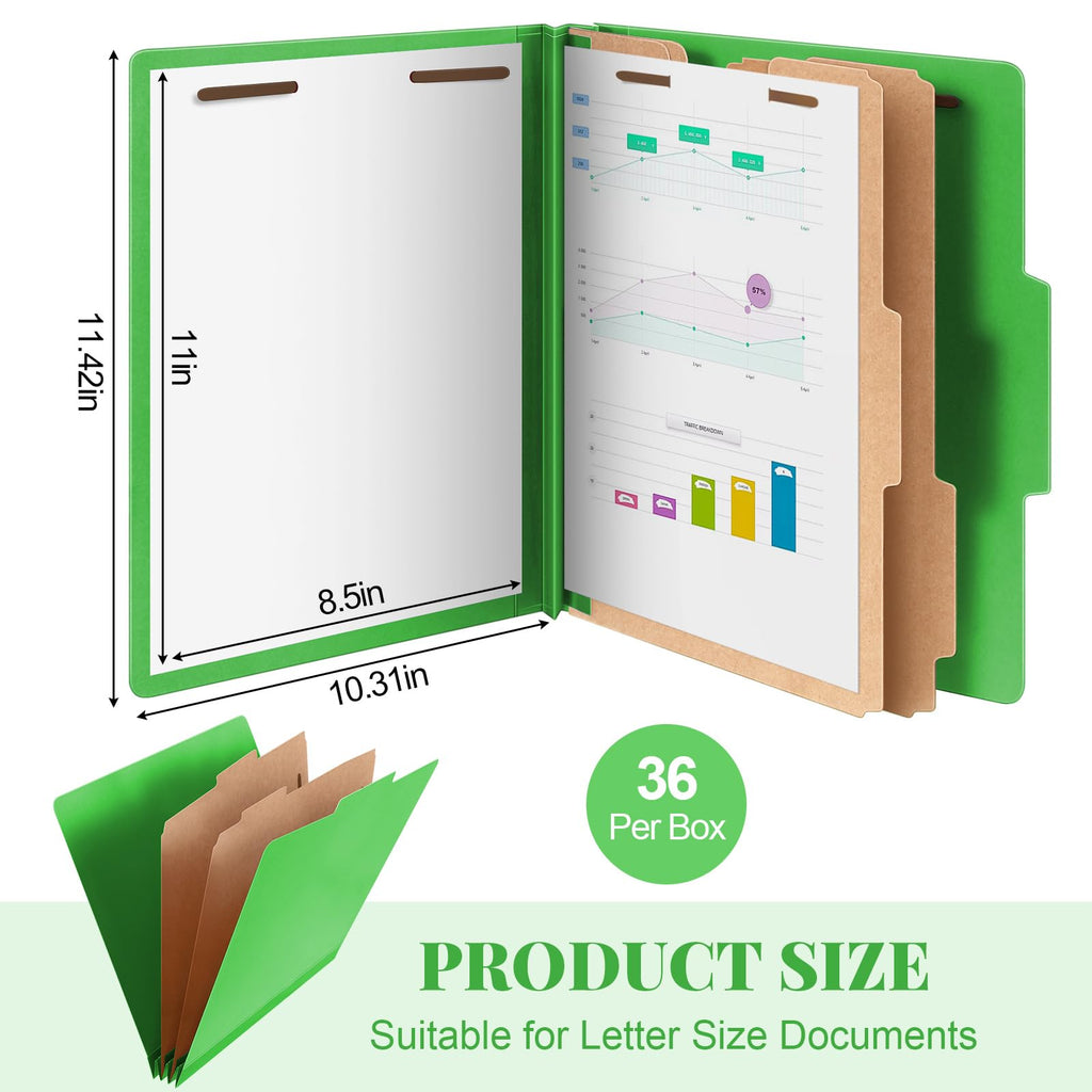 Skyygemm 36 Pcs Classification Folders Letter Size, 2 Divider Pressboard File Folders with 3. 5 Inch Expansion, 2 Prongs Fastener, Heavy Duty Office File Organizers for Teachers, Medical (Green)