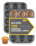 Bake Choice 2 Muffin Pan for Baking, Standard Cupcake Pan with 100 Liners