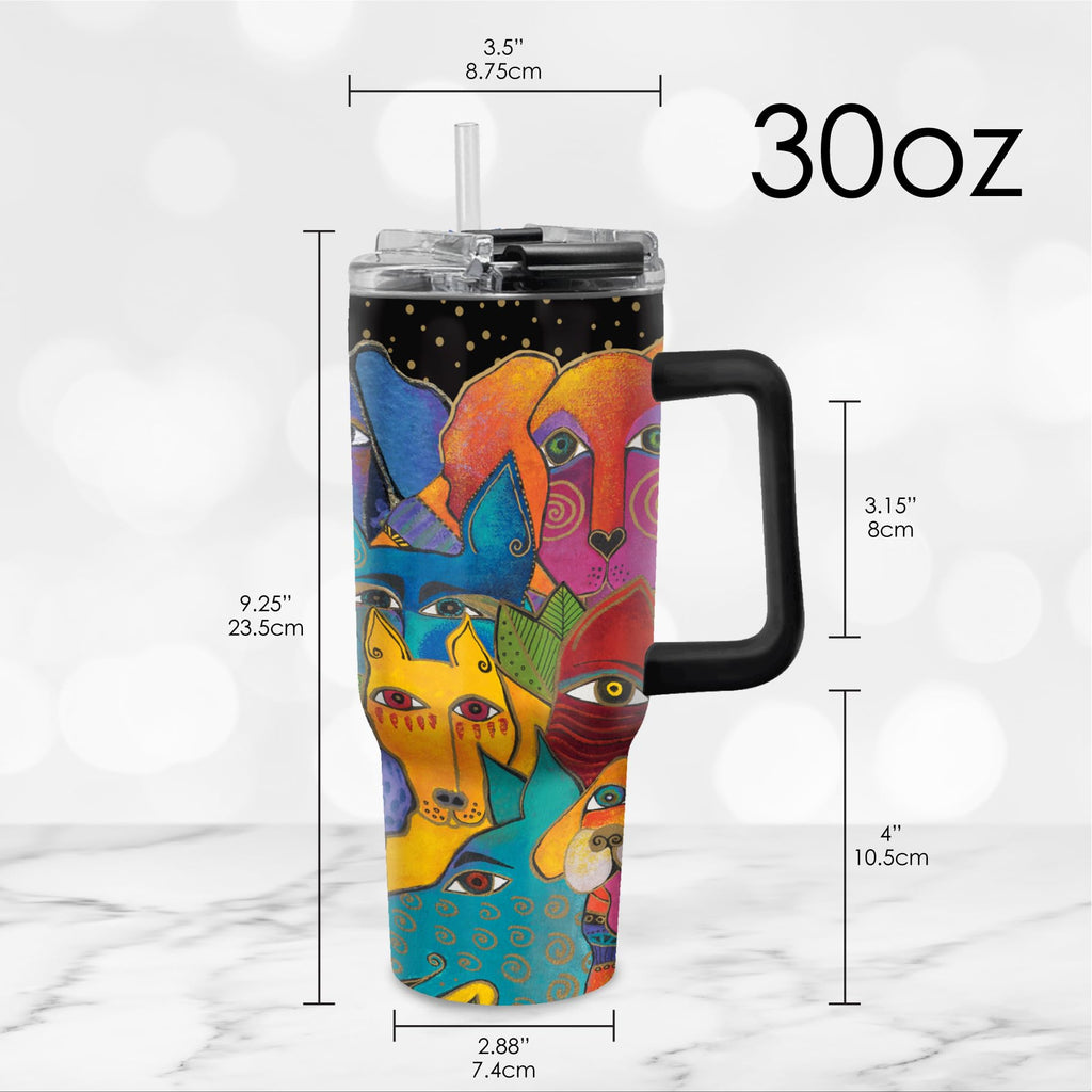 RainCaper 18/8 Stainless Steel Insulated Water Tumbler with Straw | 30oz, BPA-Free, Double Wall for Hot & Cold | Travel-Friendly, Cup Holder Ready (Laurel Burch Dog)