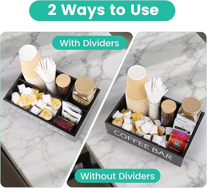 Coffee Bar Organizer – Wooden Coffee Station with 4 Compartments, Removable Dividers, and Condiment Storage for Home & Office