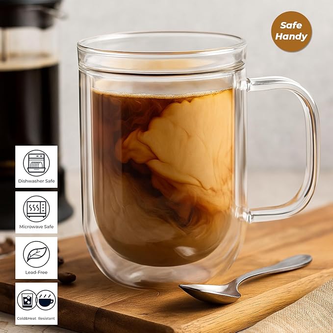 Aquach 16oz Double Walled Glass Coffee Mugs Set of 2, Insulated Teacups