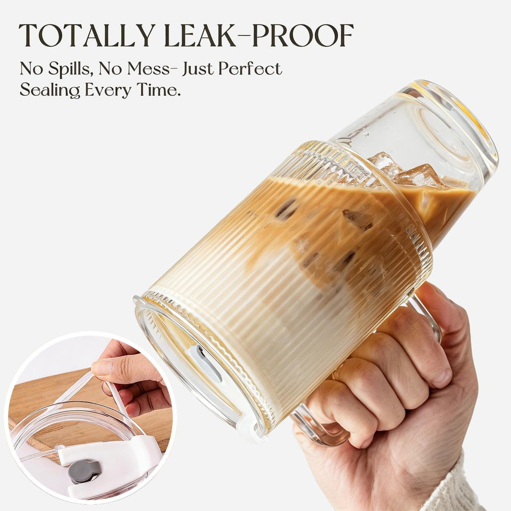 KEMORELA 24 Oz Ribbed Glass Tumblers with Lids and Straws, Tumbler Cup with Handle, Iced Coffee Glassware, Clear Reusable Drinkware for Smoothies and Beverages (1)