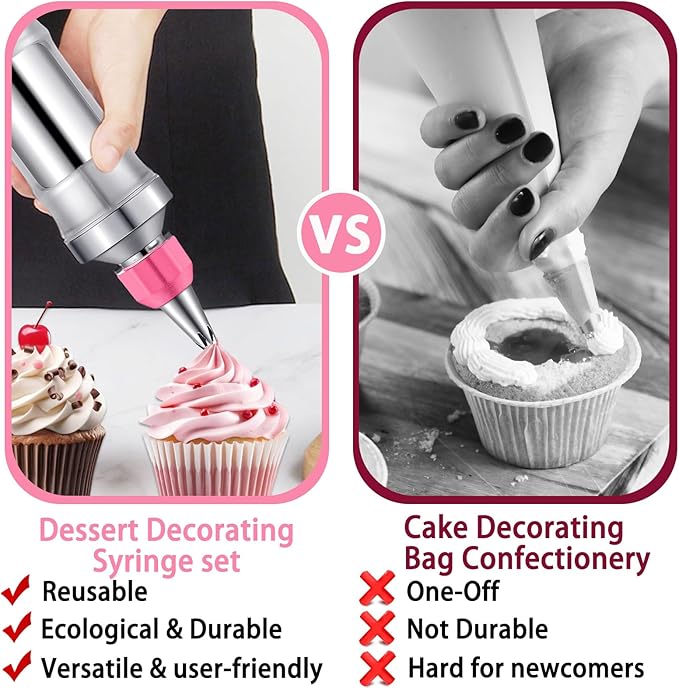 Hendiy Dessert Decorating Syringe Set, Frosting Piping Kit Stainless Steels Cake Decorating Kit with 6 Piping Tips & 9 silicone cupcakes, Cupcake Decorating Kit Piping Bags and Tips Set