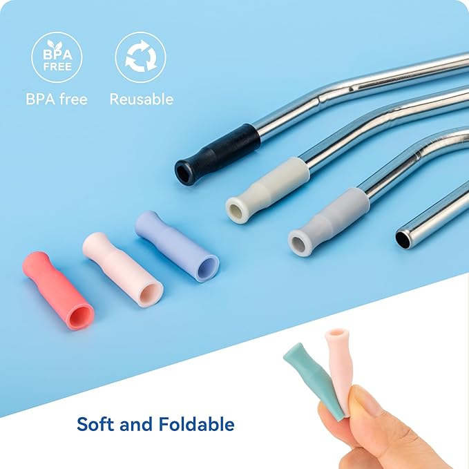 Reusable Stainless Steel Straws with Silicone Tip for Stanley 30oz, Metal Drinking Straws for 30oz Tumbler,3 Bent Tubes & 6 Tips& 1 Cleanr Brush (Ash)