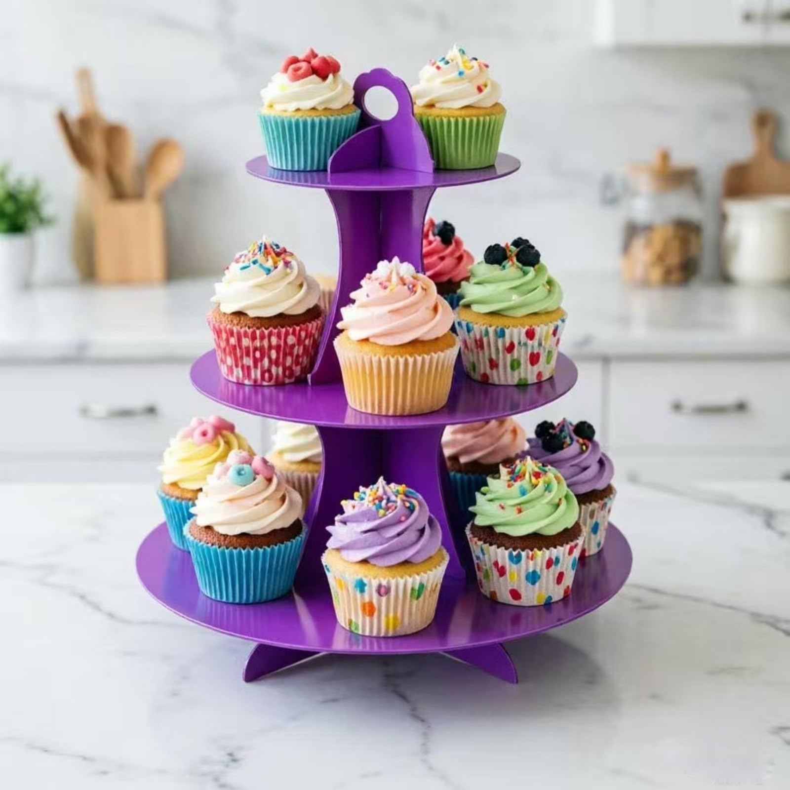 YLDW Cupcake Stand 2Pcs, 3-Tier Cupcake Stand Display, Cardboard Cup Cake Tower Stand, Disposable Dessert Stand for Birthday Tea Party Baby Shower Treat Decorations, Purple