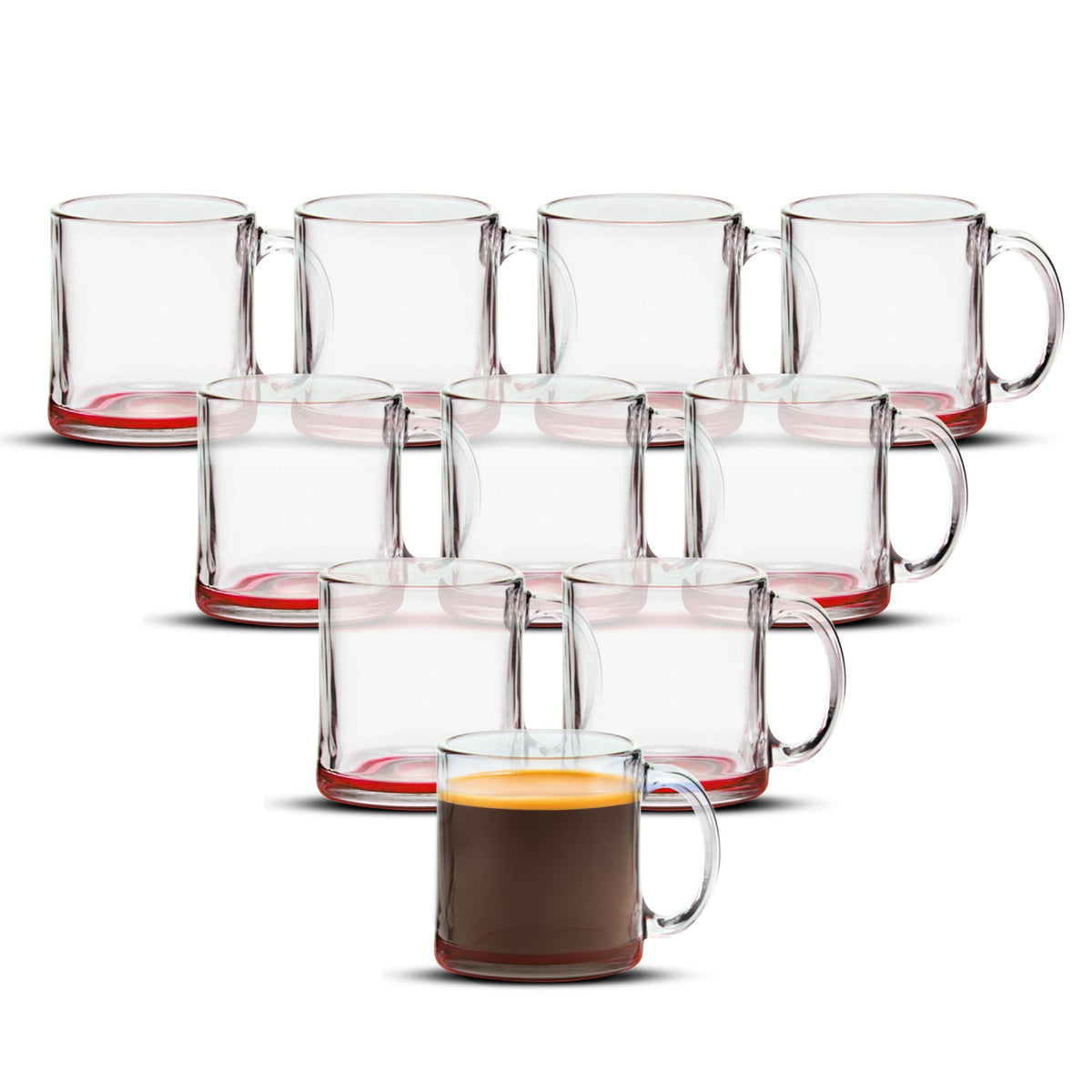 DISCOUNT PROMOS Clear Glass Coffee Mugs 13 oz. Set of 10, Bulk Pack - Perfect for Coffee, Tea, Espresso, Hot Cocoa, Other Beverages - Red Bottom