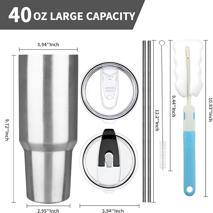 40 oz Tumbler with Lids and Straws, Stainless Steel Insulated Coffee Tumbler, Double Wall Vacuum Insulated Travel Mug Cup, Leakproof Thermal Coffee Cup for Hot and Cold Drinks (Silver)