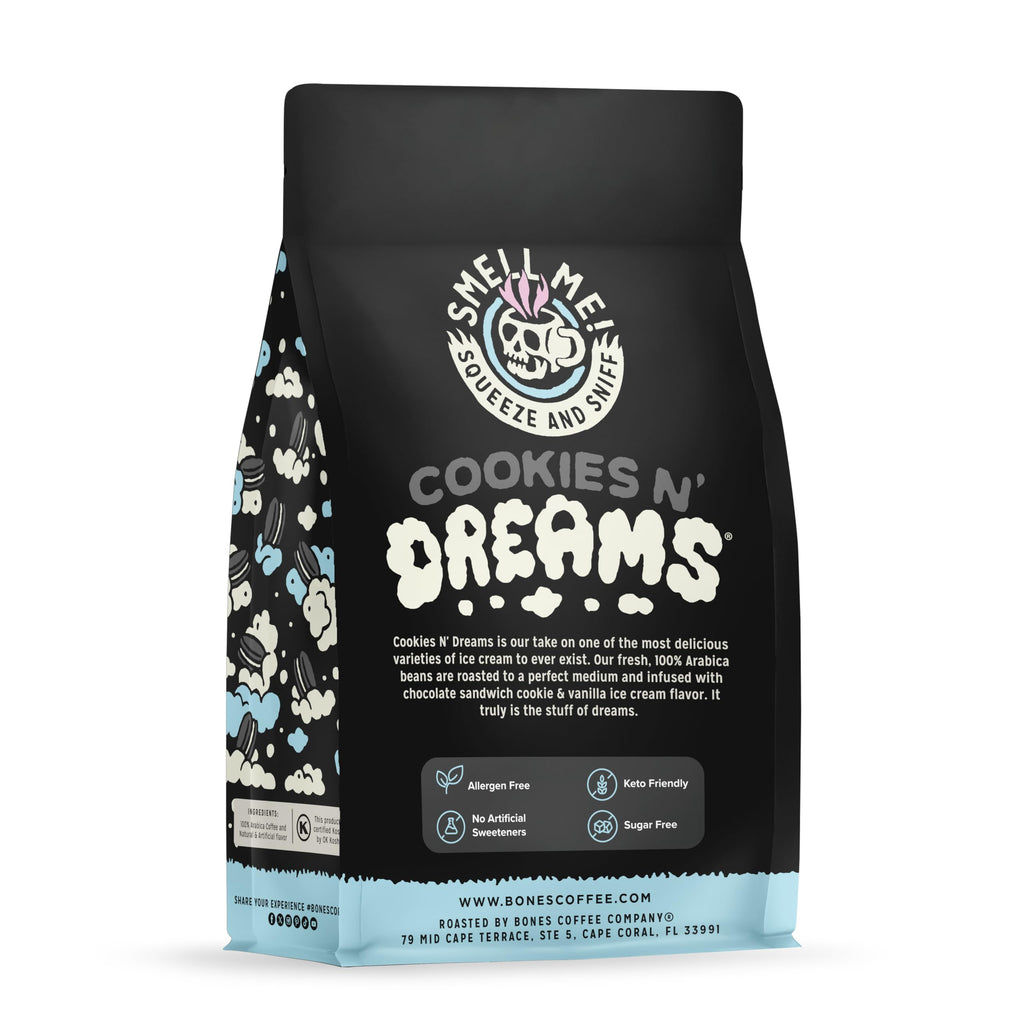 Bones Coffee Company Cookies 'N Dreams Cookies and Cream Flavored Coffee, Medium Roast Low Acid Arabica Beans Compatible with Auto drip and French Press Coffee Maker, 12 Oz Ground