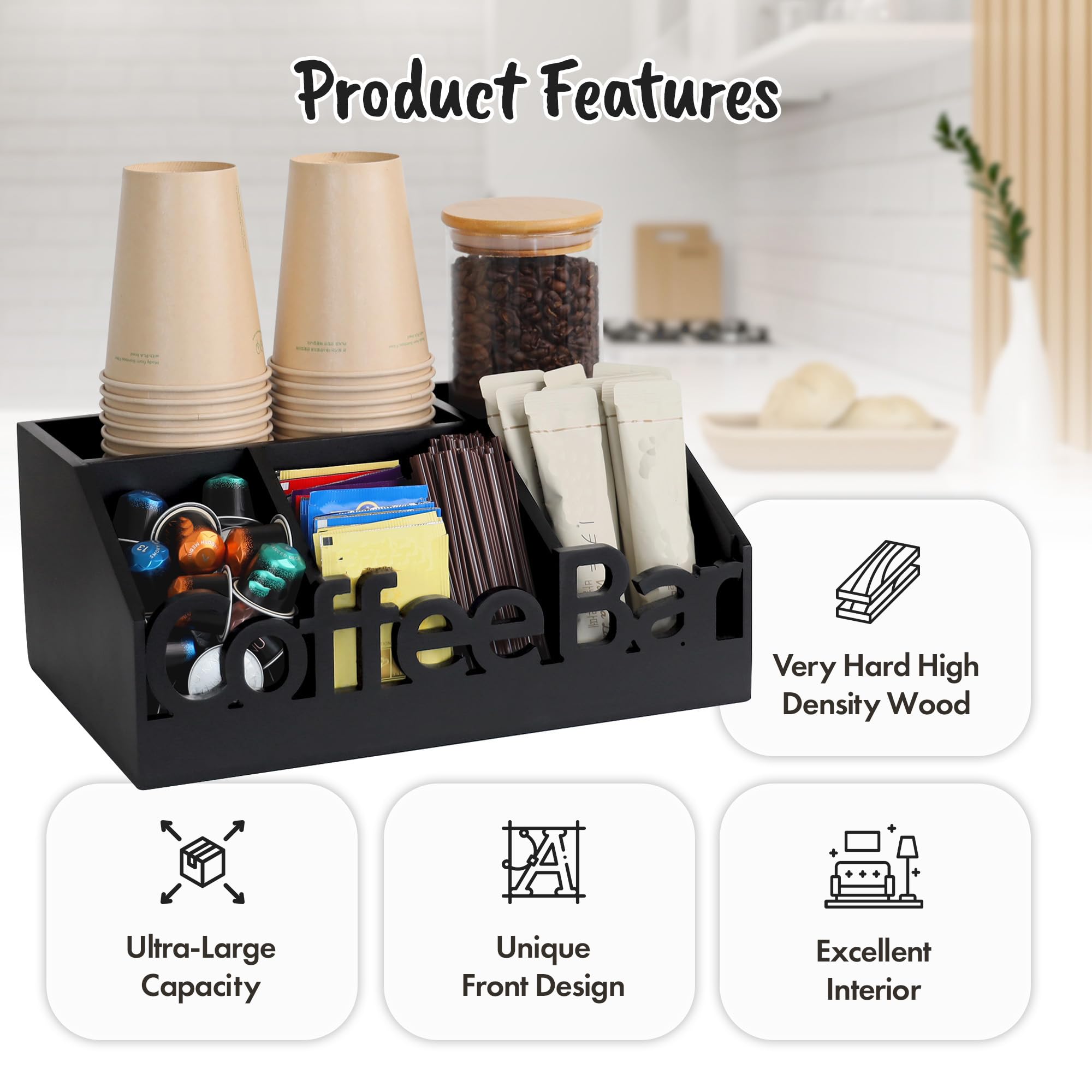 Coffee Bar Organizer Countertop, Wood Tea & Coffee Pod Station Caddy, Black
