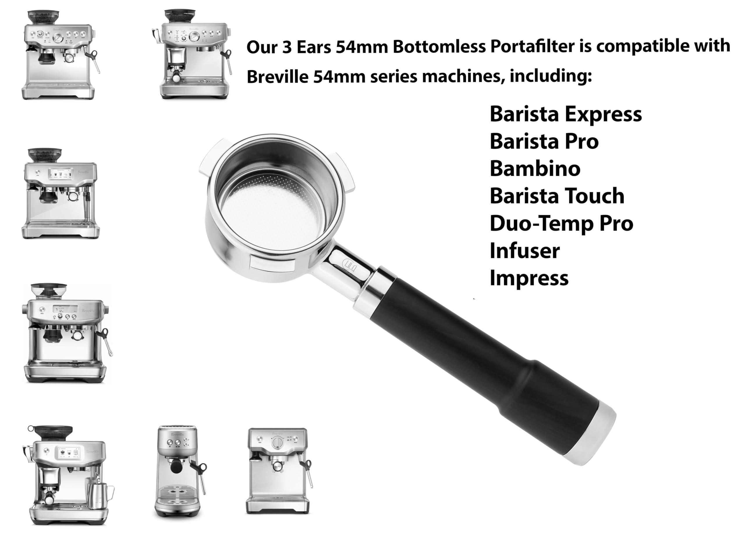 LILQ 54mm Spouted 3 Ears Portafilter Compatible with Breville Machines Stable Handle (Rosewood Flat, 54mm Double Spouts)