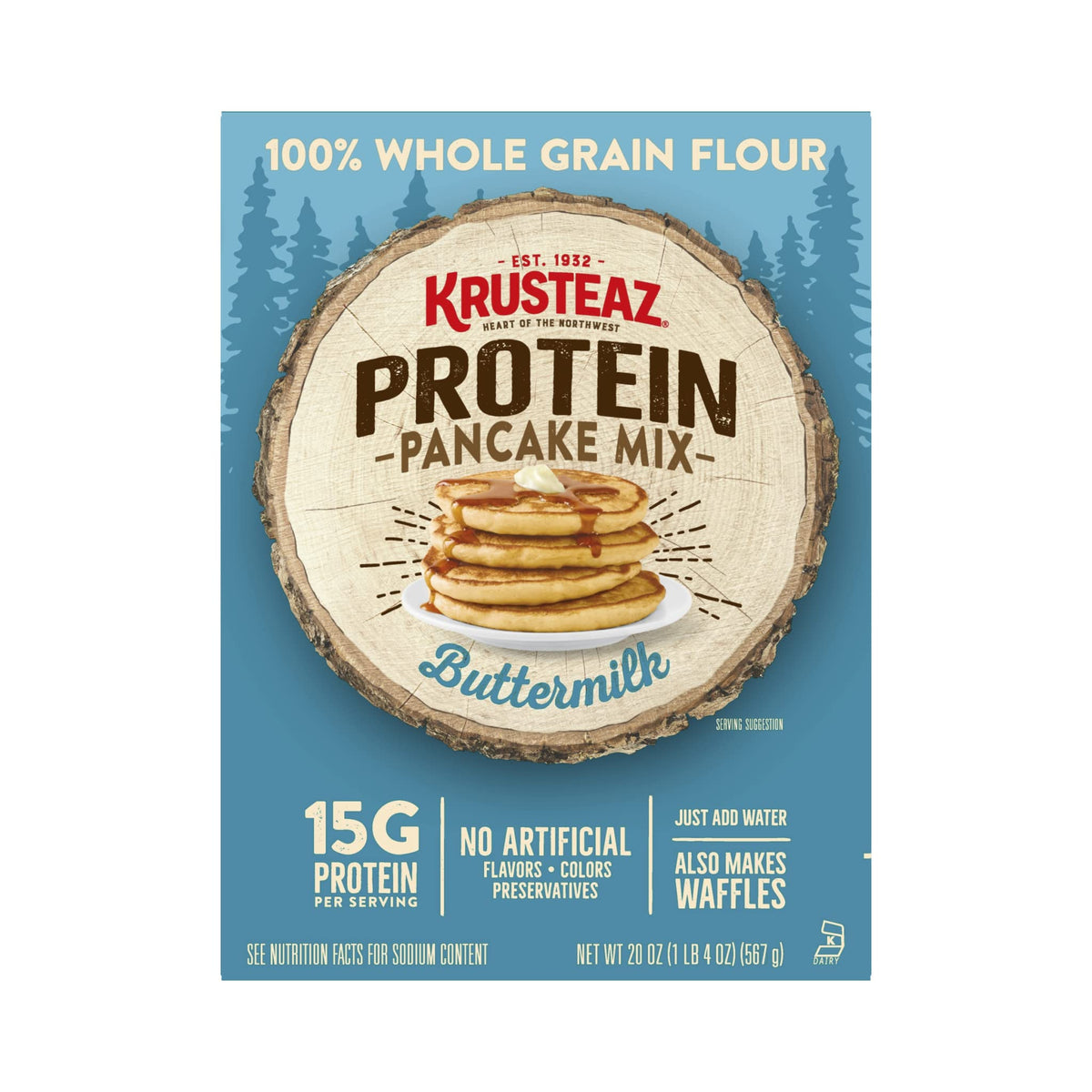 Krusteaz Protein Pancake Mix, Buttermilk Pancake Mix, 100% Whole Grain Flour & 15g of Protein Per Serving, Also Makes Waffles, Just Add Water 20 Ounce (Pack of 2)