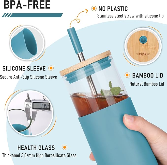 Glass Tumbler w/Lids & Straw - 24oz Reusable Mug w/Bamboo Lid & Stainless Steel Straw - BPA-Free, Leak-Proof, Dishwasher Safe for Coffee, Smoothies, Hot Beverages, Travel, Office, Home Use，4-PK