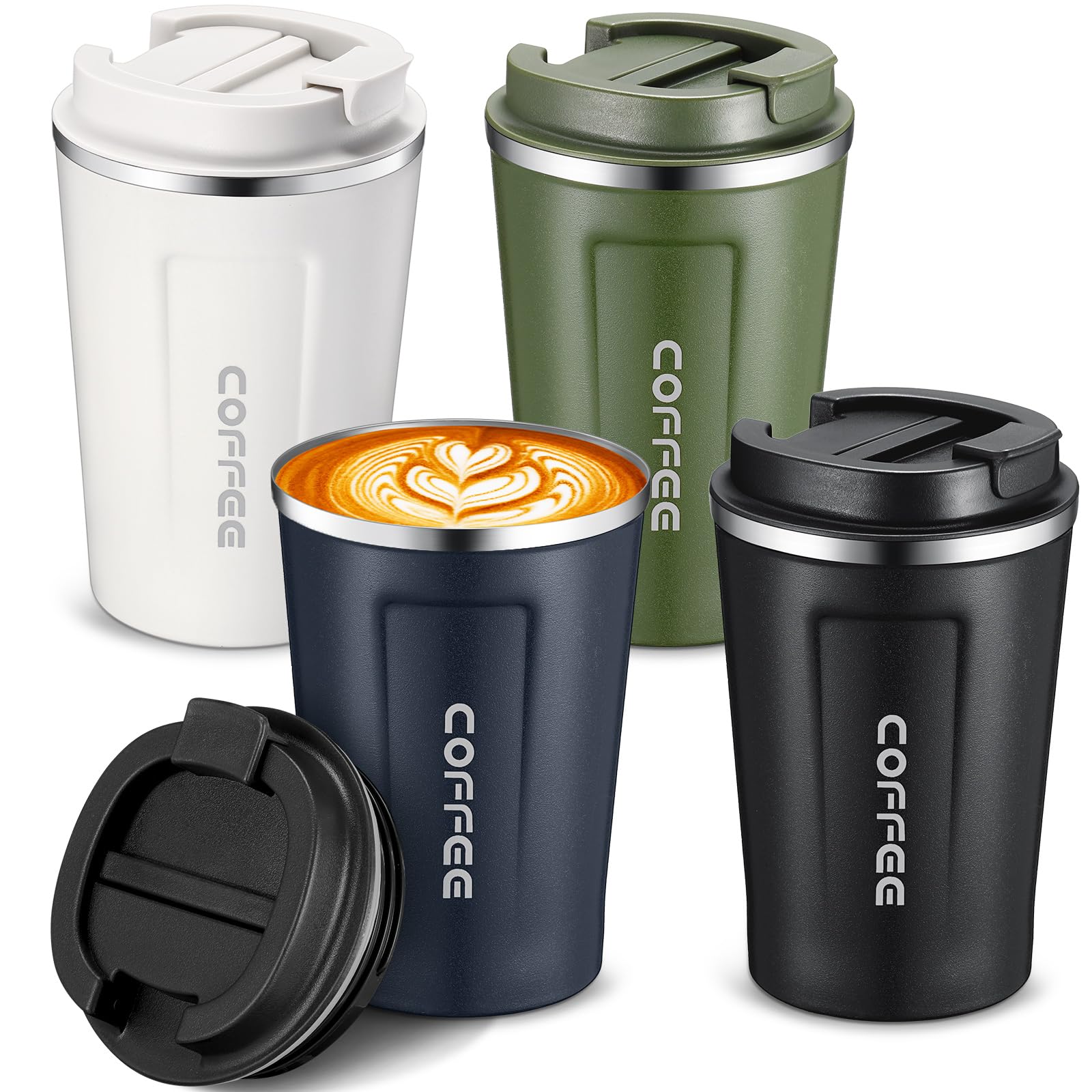 Sieral 4 Pcs 13 oz Travel Coffee Mug Insulated Reusable Coffee Cups with Leakproof Lid Stainless Steel Portable Tumbler for Keep Hot or Ice Milk Tea(Black, White, Navy Blue, Green)