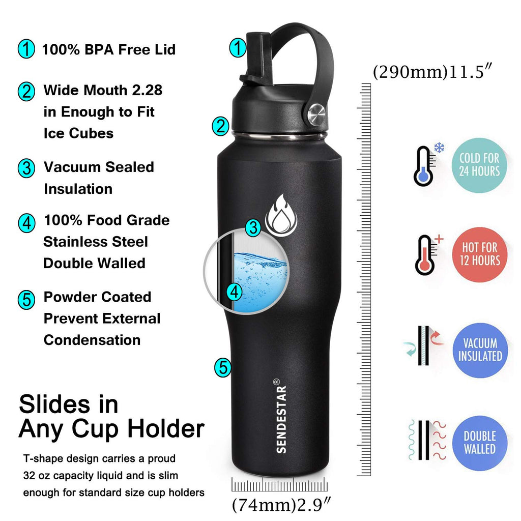 SENDESTAR Water Bottle 32oz,2 Lids(Straw lid),Wide Mouth Stainless Steel Vacuum Insulated Double Wall Keep Liquids Cold or Hot All Day,Sweat Proof Sport Design,Fit Car Cup Holder(Black)