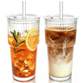 Colnic 2PCS 20oz Glass Cups with Lids and Straws, Iced Coffee Cups with Lids, Stylish Ribbed Thick Drinking Glasses Tumbler for Juice, Smoothies, Cold Beverages, Cute Cup Gifts with Clean Brush