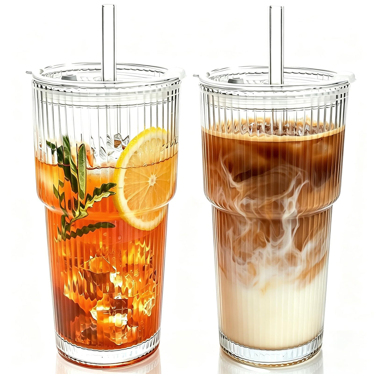 Colnic 2PCS 20oz Glass Cups with Lids and Straws, Iced Coffee Cups with Lids, Stylish Ribbed Thick Drinking Glasses Tumbler for Juice, Smoothies, Cold Beverages, Cute Cup Gifts with Clean Brush