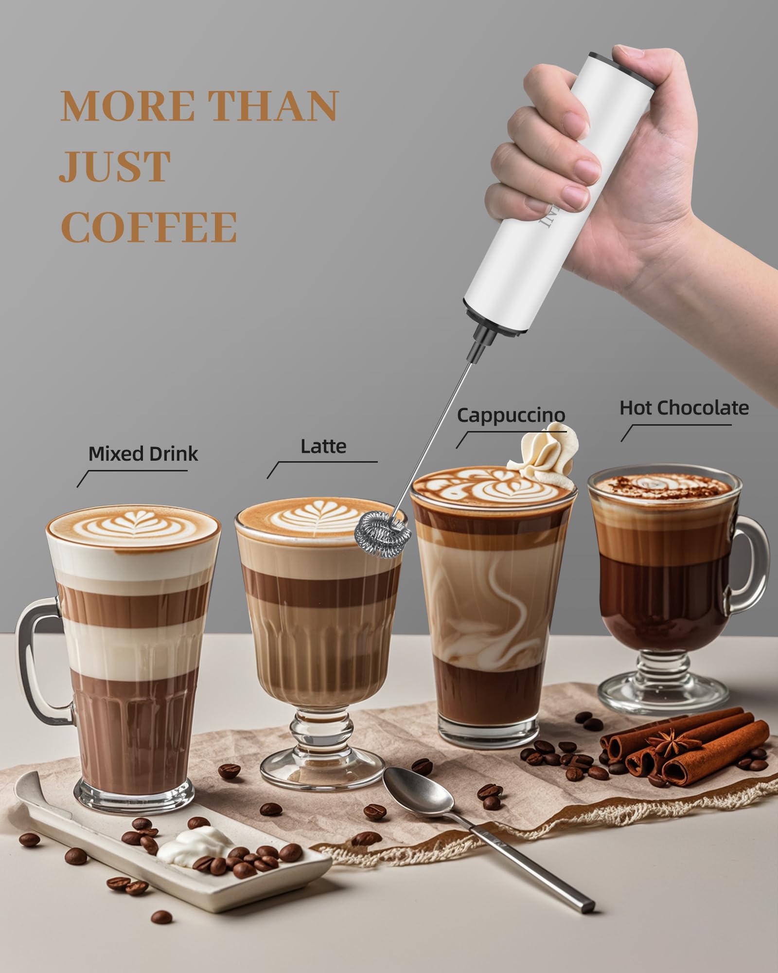 INFOOD Rechargeable Milk Frother with Cover, 2-Speed, 2 Whisks, White