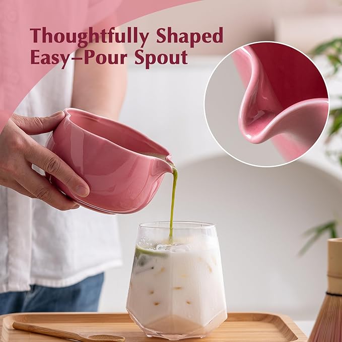 Matcha Set, 8Pcs Floral Ceramic Matcha Set with Matcha Whisk, Holder, Scoop, Scoop Rest, Sifter, Spoon and Tea Towel - Thoughtful Matcha Whisk Set Gift for Matcha Lovers (Pink)