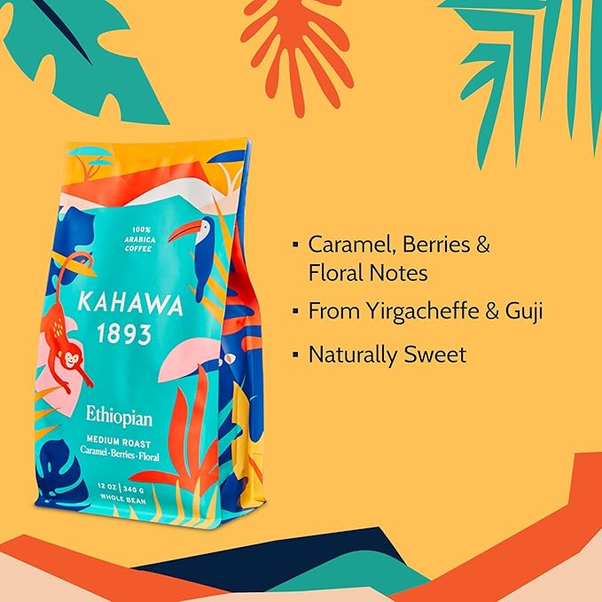 Kahawa 1893 Whole Bean Coffee Medium Roast Ethiopian Blend 12 Oz - As Seen on Shark Tank, High Antioxidants, Naturally Sweet, Organically Grown, Ethically & Sustainably Sourced