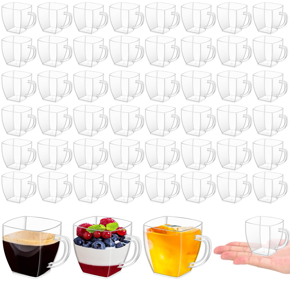 Amyhill 50 Pcs Mini Disposable Tea Cups with Handle, 2oz Hard Plastic Coffee Mug Bulk Plastic Square Disposable Espresso Cups for Wedding Tea Party Catering Dessert Sampling (White)