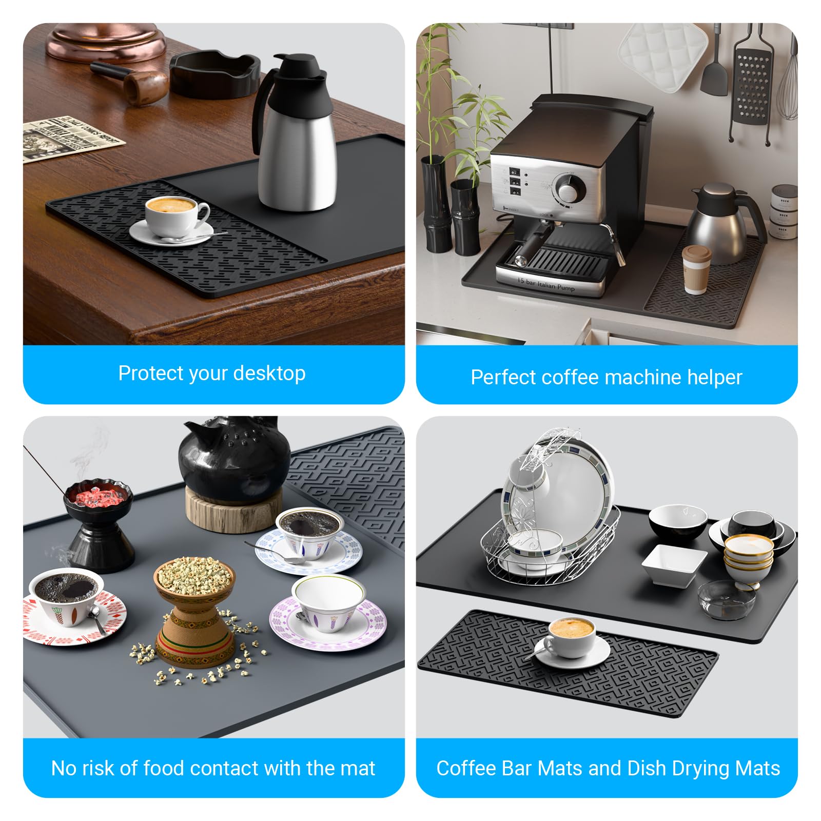 Silicone Coffee mat 24''x16'' – Non-Slip Bar Mat with Detachable Drying Layer for Espresso Machines, Countertops & Dish Racks