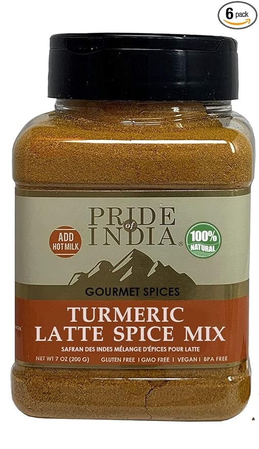 Pride of India - PACK of 6 - Turmeric Latte Spice Mix – Gourmet & Warm Tea Spice Blend – Healthy/Gluten-Free – Ideal for Lattes/Smoothies/Golden Milk – Easy to Store – 7 oz. Medium Dual Sifter Jar