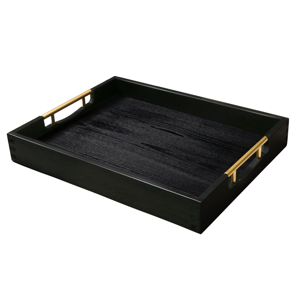 LotFancy Wood Serving Tray, 17x13”, Large Ottoman Tray with Metal Handles, Decorative Wooden Tray for Living Room, Ottoman, Coffee Table, 2 Skidproof Coasters Included, Black