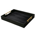 LotFancy Wood Serving Tray, 17x13”, Large Ottoman Tray with Metal Handles, Decorative Wooden Tray for Living Room, Ottoman, Coffee Table, 2 Skidproof Coasters Included, Black
