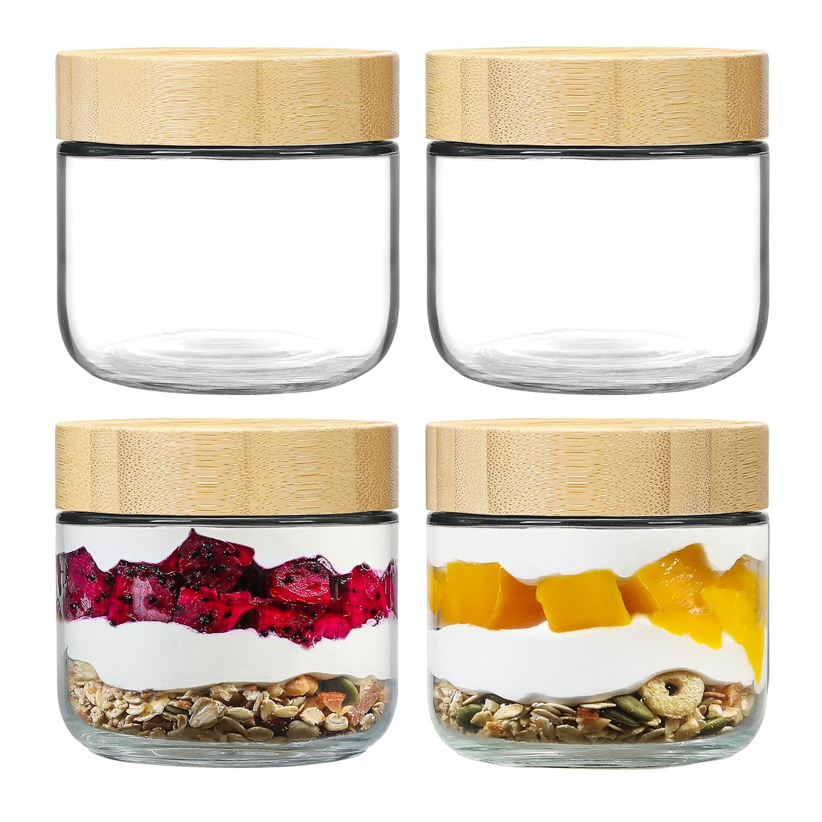 NETANY 4-pack 8oz Glass jars with Airtight Lids, Overnight Oats Containers with Bamboo Lids, Wide mouth Mason Salad jars, Glass Food Storage Containers for Snacks Yogurt Spice Sugar