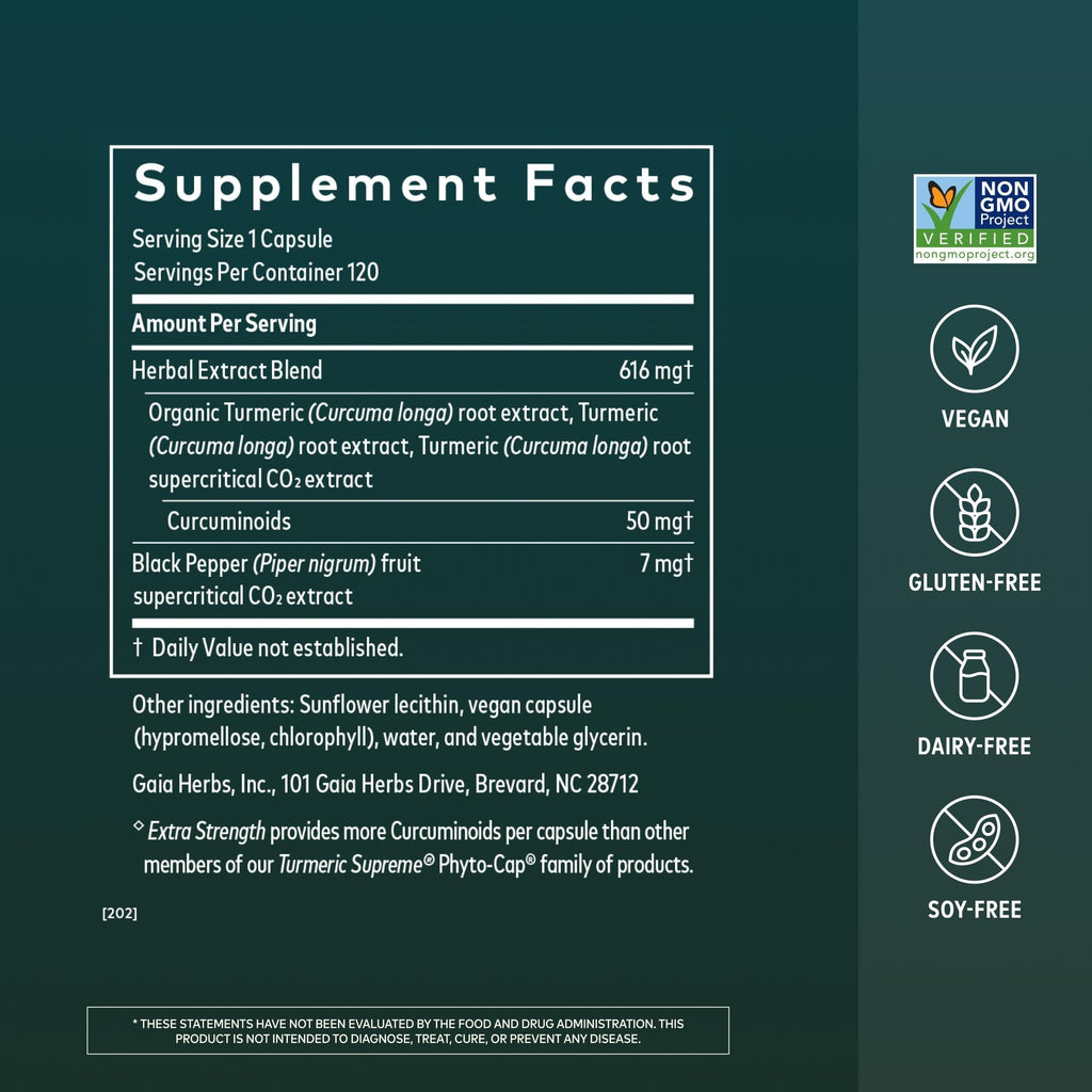 Gaia Herbs Turmeric Supreme Extra Strength - Helps Reduce Occasional Discomfort from Normal Wear & Tear*- 616 mg Organic Turmeric Curcumin Supplement with Black Pepper- 120 Vegan Liquid Phyto-Capsules