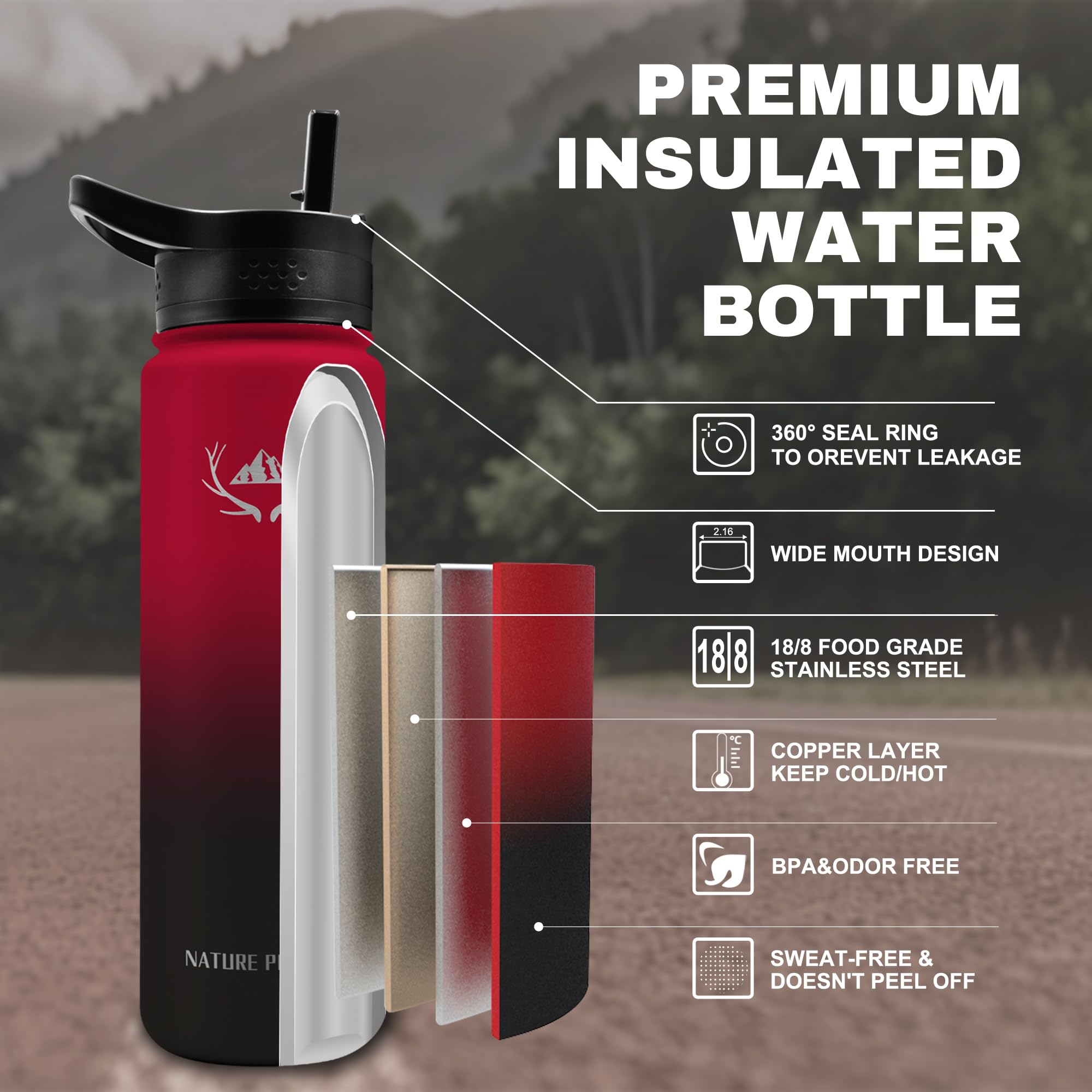 NATURE PIONEOR 24 oz Insulated Water Bottle with Carrier Bag & 3 Lids