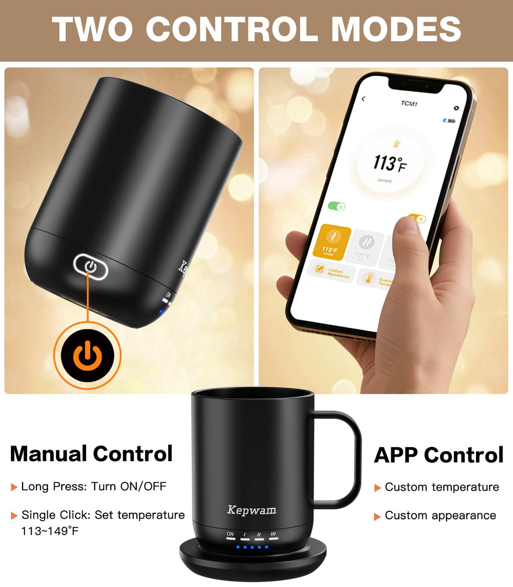 Kepwam Self Heating Coffee Mug T1-16oz Fast Heating & Ultra Long-Lasting Battery Life, Heated Coffee Mug Up to 149℉ - Touch & App Controlled Coffee Mug, Birthday Gifts for Women and Men